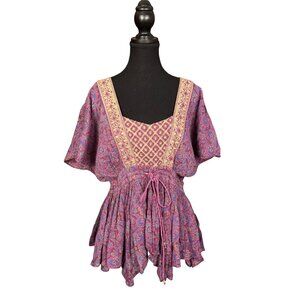 Free People Purple Boho Blouse Small Flowy Cotton Embroidered Whimsical Top